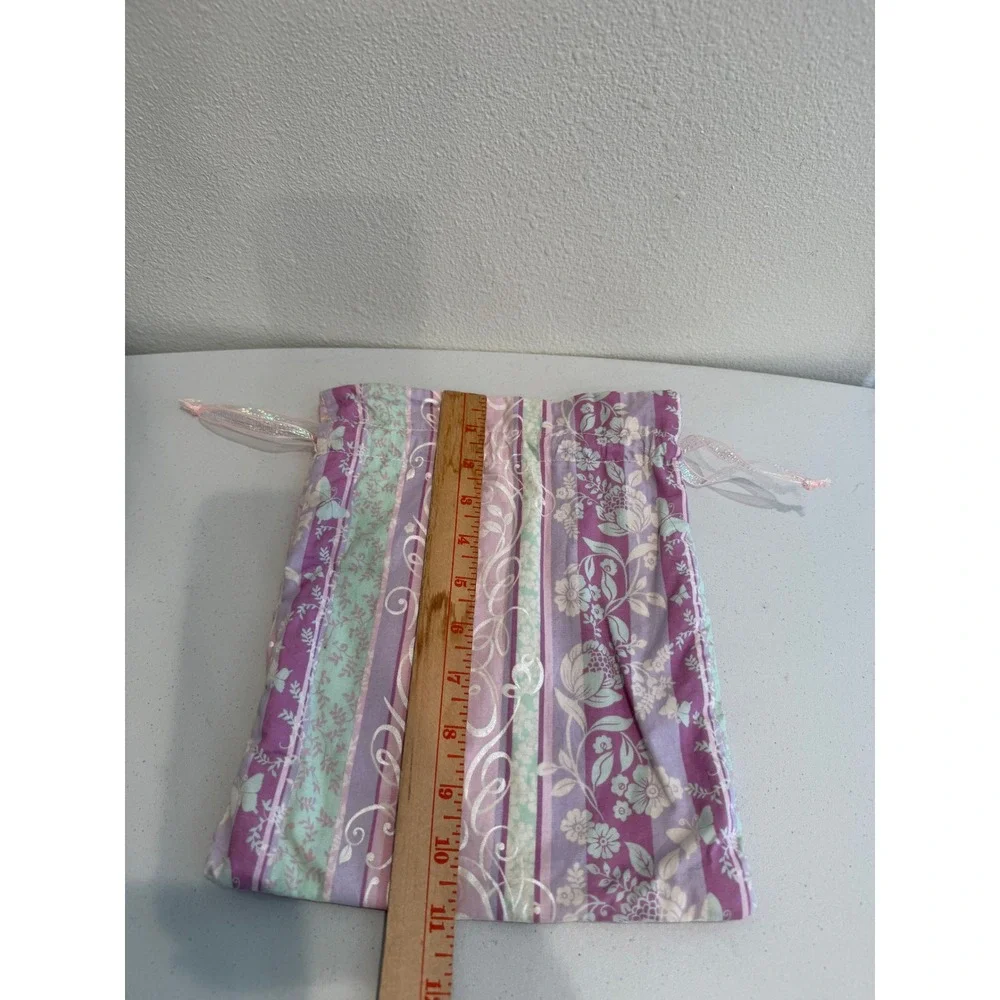 Floral Stripe Drawstring Pouch Purple Pink Green Silver Metallic Gift Bag 8x11